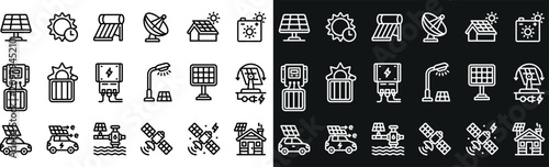 Tableau sur toile A comprehensive collection of clean energy and renewable technology icons featuring solar panels, satellites, electric vehicles, and power systems displayed in both black and white styles