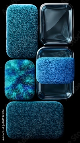 Blue Soft Texture Abstract Composition With Plush Fabric, Fur Squares and Glass Elements for Mobile Wallpaper, Luxury Modern Design Background