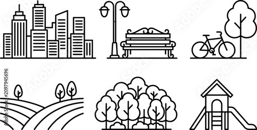 Foto Set of city park urban landscape and outdoor recreation linear outline icons