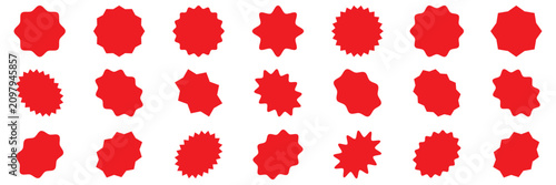 Obraz na płótnie Red starburst badge vector set with spiky jagged sale labels and promotional sticker shapes for discount tags, posters, banners, and graphic design