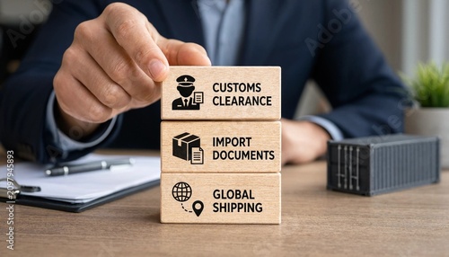 Businessman placing wooden block with customs clearance icon on top of import documents and global shipping blocks on office desk
