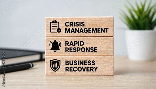 Wooden blocks with crisis management rapid response and business recovery text on a desk with a plant and books