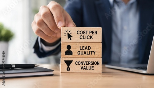 Businessman holding wooden blocks with cost per click lead quality conversion value on desk with laptop and notebook  marketing metrics concepts