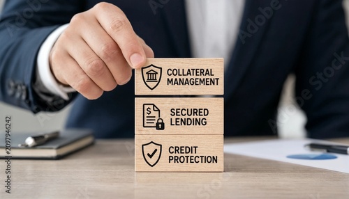 Businessman placing wooden block with collateral management on top of secured lending and credit protection blocks on office desk  financial security concept