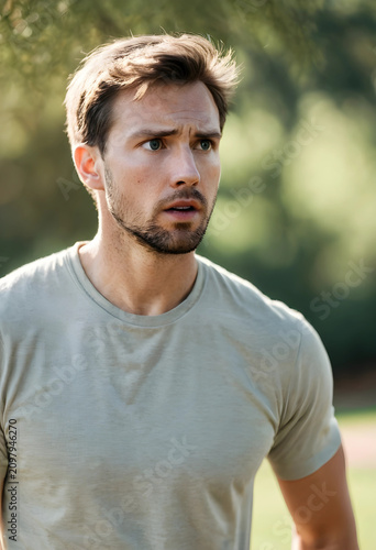 Surprised young man in casual t-shirt outdoors