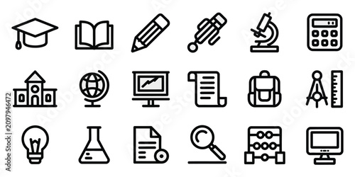 Cuadro en lienzo Education and School Line Icon Set Featuring Graduation Cap, Book, Calculator, M