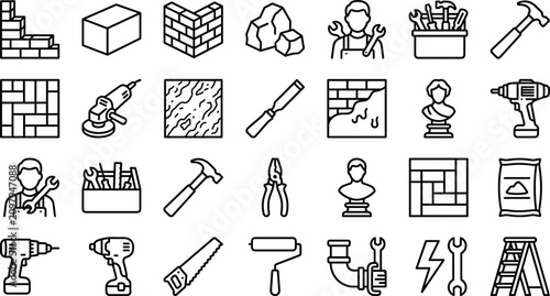 Set of construction masonry renovation and home repair linear outline icons for industry design
