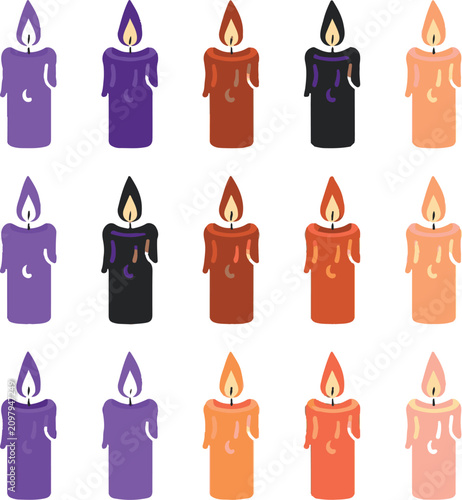 Spooky Halloween dripping candle vector set, gothic melting candles collection