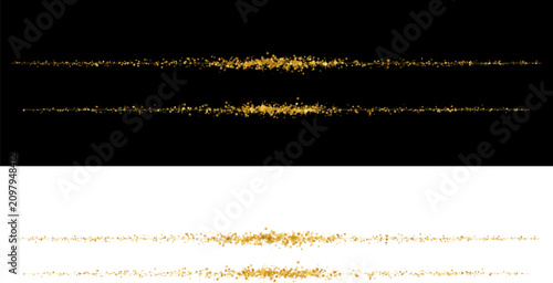 Elegant sparkling golden glitter horizontal line divider sets isolated on contrasting black and white backgrounds for premium luxury holiday decorations.