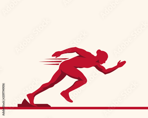 Vector illustration depicting the explosive biomechanics of a sprinter in red, capturing the precise moment of acceleration from the blocks with stylized motion trails