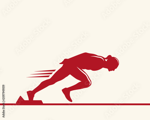 Powerful red silhouette of a track athlete pushing off starting blocks, symbolizing determination, drive, and the intense burst of speed at the beginning of a race