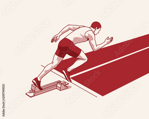 Detailed red and cream illustration of a male athlete in sports gear starting a sprint from blocks, featuring a perspective view of the red running track lanes
