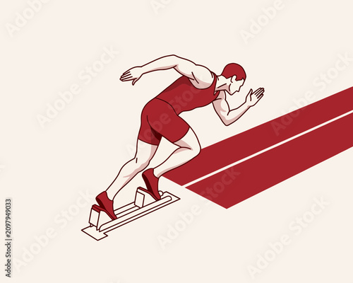 Anatomical illustration of a sprinter in a red uniform launching from starting blocks, emphasizing muscle tension and the physical effort of a high-speed race start