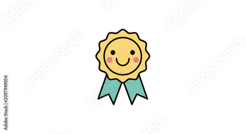 Obraz na płótnie Happy yellow prize ribbon with smiling face and blue tails