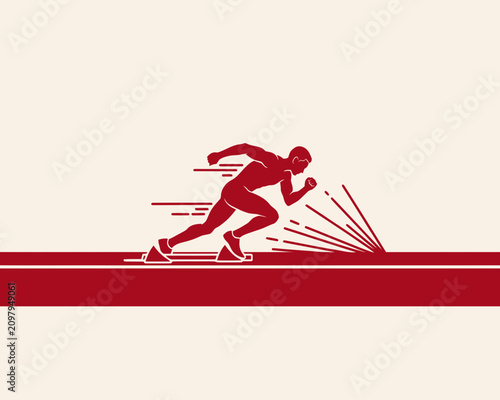 Athletic Sprinter Starting Race from Blocks in Red Silhouette Vector Illustration with Motion Lines and Track