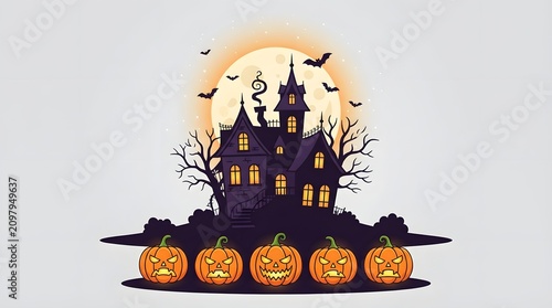 Spooky halloween pumpkin border with haunted house illustration