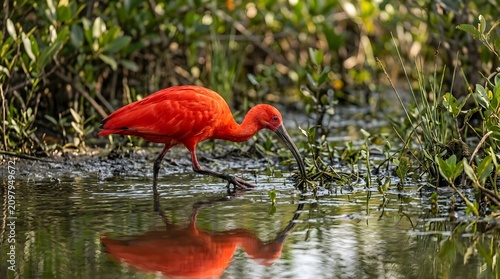 Scarlet ibis wading through wetlands in natural habitat. Vibrant bird exploring lush environment. Wildlife photography showcasing exotic bird species.