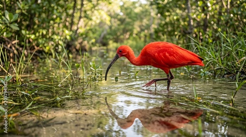 Scarlet ibis wading in wetlands during daylight. Vibrant bird in natural habitat.