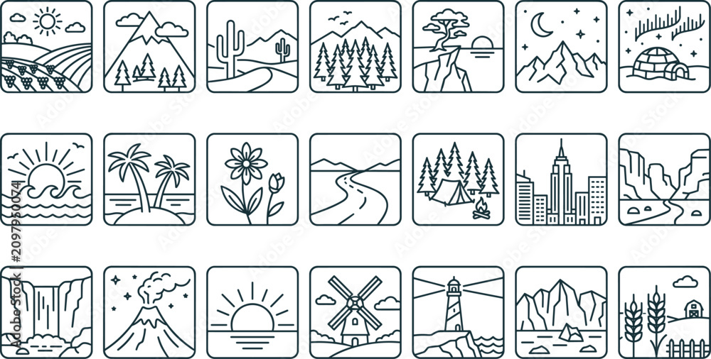 Obraz premium Big set of landscape nature and travel square outline icons for outdoor adventure design