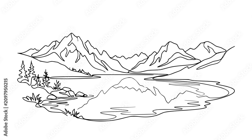 Fototapeta premium Continuous One Line Drawing of Mountain Landscape with Lake Reflection