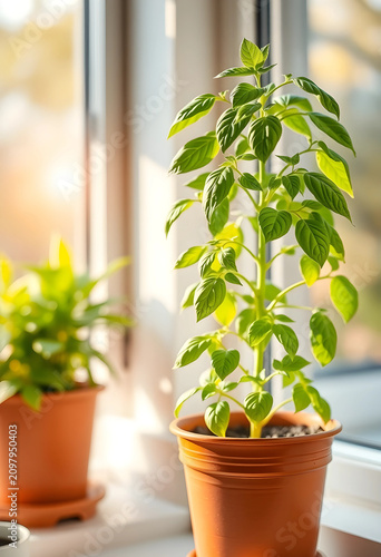 Growing basil plant in pot ...