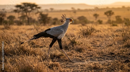 Secretary bird walking across dry grassland in natural habitat. Bird in motion, wildlife scene, predator on the move. Ornithology expert observing...