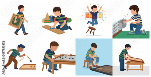 Obraz na płótnie Set of cartoon illustrations showing a young boy playing the traditional carrom board game, including cleaning the board, winning, and aiming