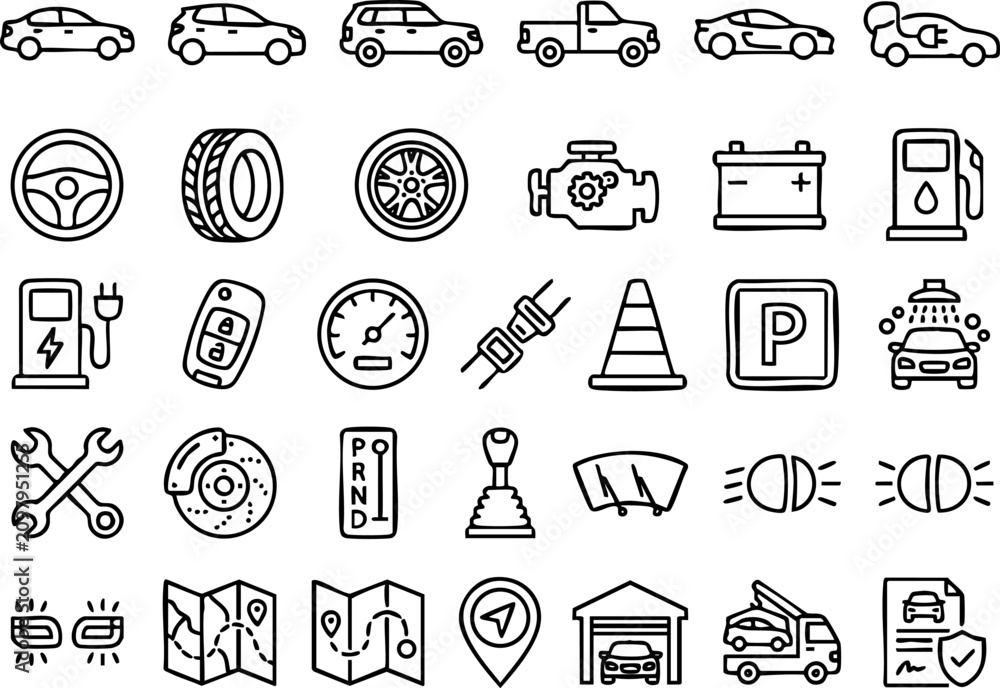 Naklejka premium Set of automotive linear icons depicting car parts and maintenance services in black and white sketch style