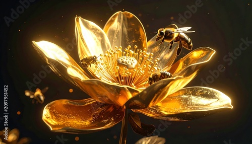 A golden lotus flower with illuminated petals and stamens against a dark background