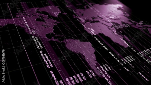 Abstract world map with utc time zone grid lines in purple tones