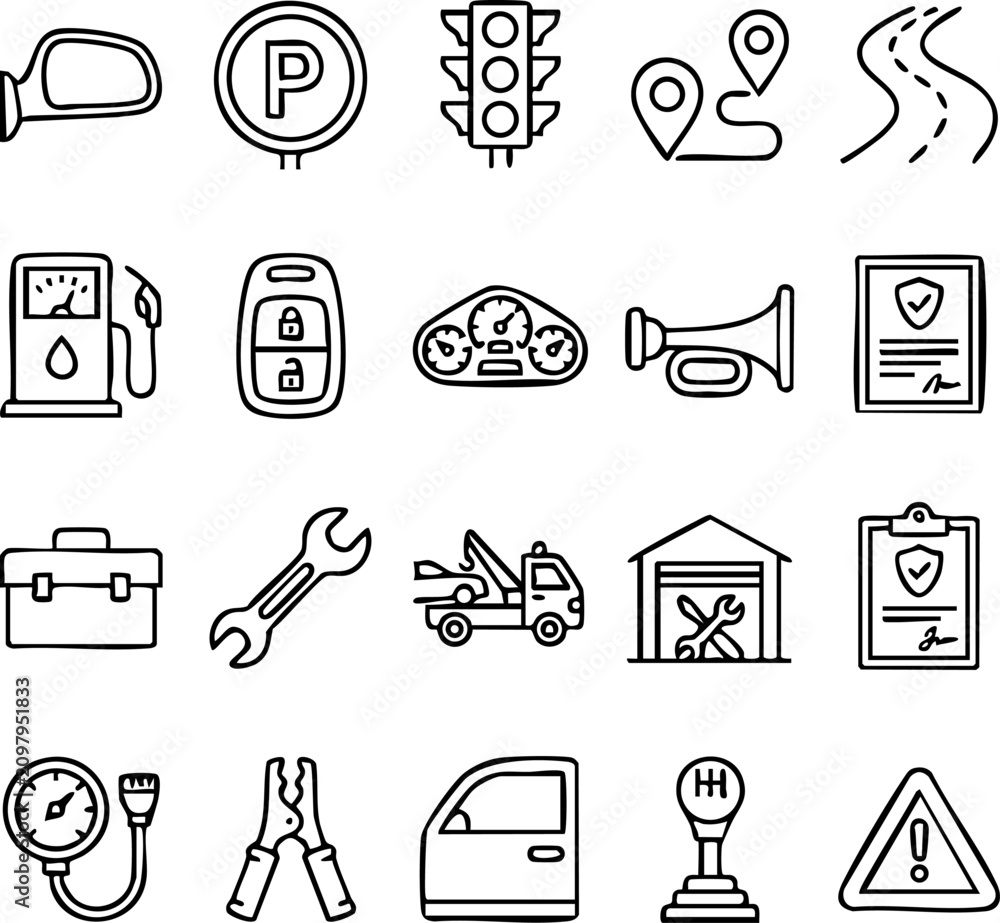 Fototapeta premium Automotive repair and vehicle service linear icons set with automotive maintenance dashboard document