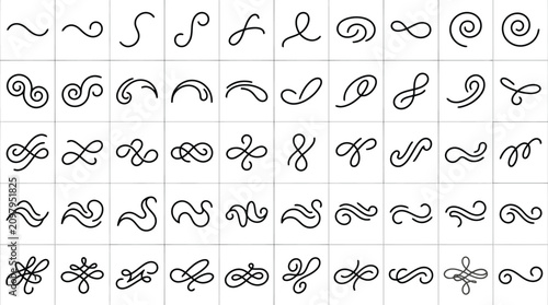 Obraz na plátne Array of black abstract swirls and curving lines on a white grid background for