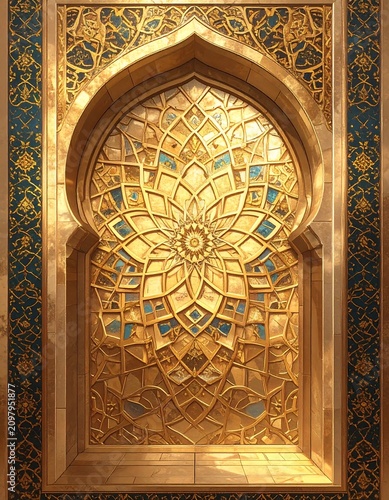 A golden mosaic archway with blue accents and intricate patterns