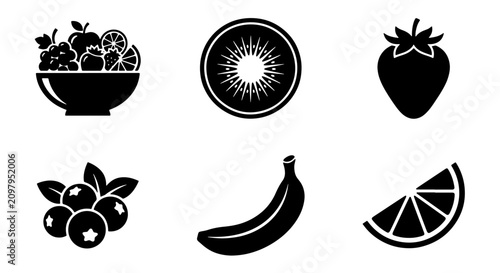 70 Set of 6 Black Fruit Icons: Bowl of Mixed Fruit, Kiwi Slice, Strawberry, Blueberries, Banana, Orange Slice. Vector Graphics for Healthy Eating and Food Concepts. 100