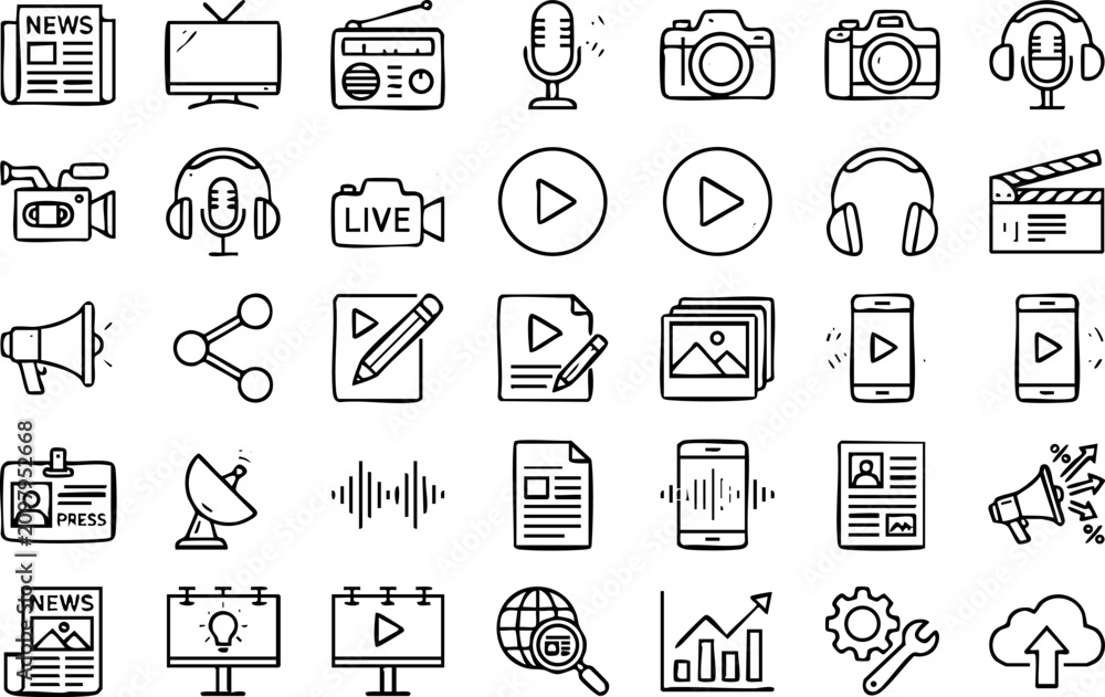 Fototapeta premium Media and broadcasting outline icons collection for digital marketing and content production with broadcasting