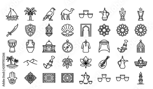 Fotografie Arabian Cultural Heritage Silhouette Icon Set Vector