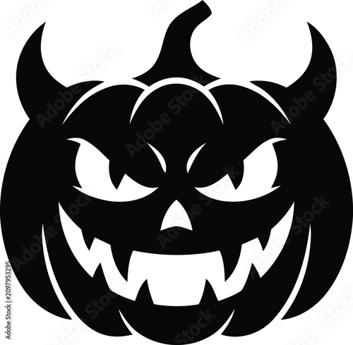 Schilderij op canvas Spooky halloween jack o' lantern silhouette a devilish pumpkin face with horns f