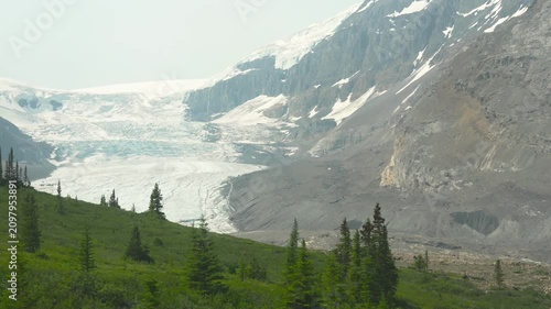 Summer view of Athabasca Glacier along Icefields Parkway in the Canadian Rockies