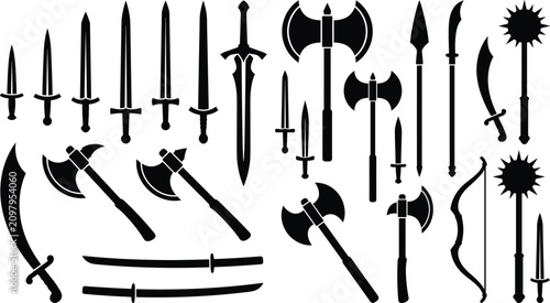 Konstfotografi Medieval Weapons Silhouette Collection with Swords Axes Daggers and Bow Isolated