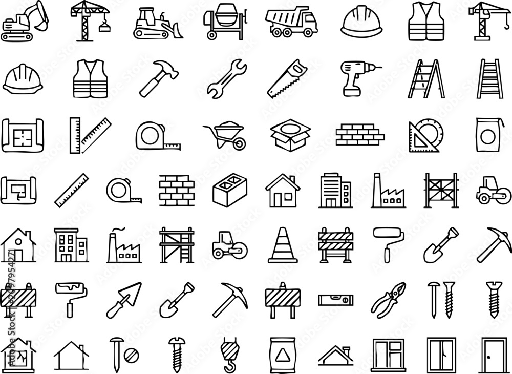 Naklejka premium Detailed construction industry tool and building material icon set with construction building architecture