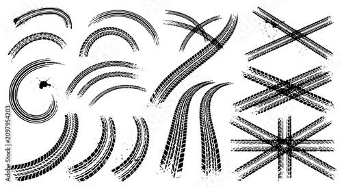 Tire tracks after skidding, launch, drift, powerslide in motorsport, rally, off-road, motocross. Wheel texture with splash effect. Vector, JPEG version.