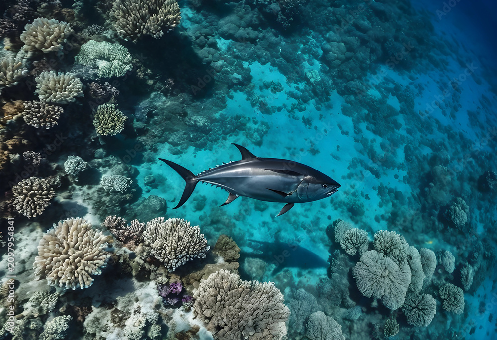 Fototapeta premium Aerial view of a tuna swimming over coral reef