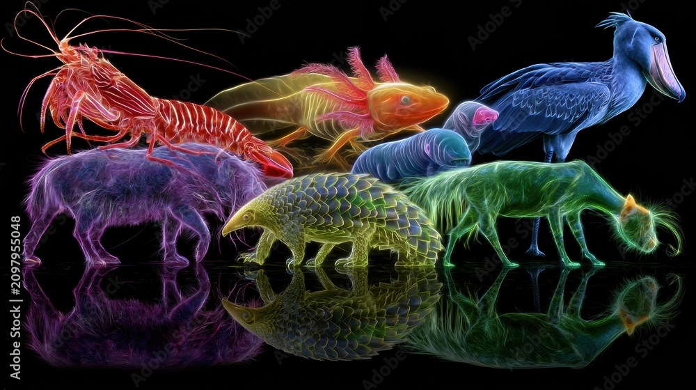 Fototapeta premium Ten animals appear in neon colors across a black background. Each creature stands out, showcasing its unique form and glow.