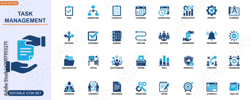 Task management icon set. Workflow, checklist, calendar, scheduling, productivity, project planning, decision making, office organization. Editable icons collection. Vector.