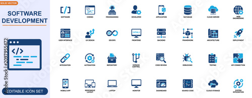 Bild auf Leinwand Software development and coding workflow icon set