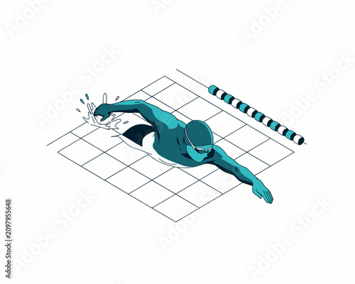 Isometric vector illustration of a professional swimmer in a tiled swimming pool with lane rope