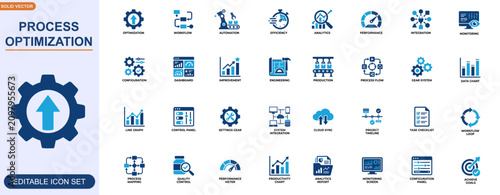 Process optimization workflow icon set. Automation, efficiency, analytics, performance, integration, dashboard, monitoring, configuration. Editable icons collection. Vector.