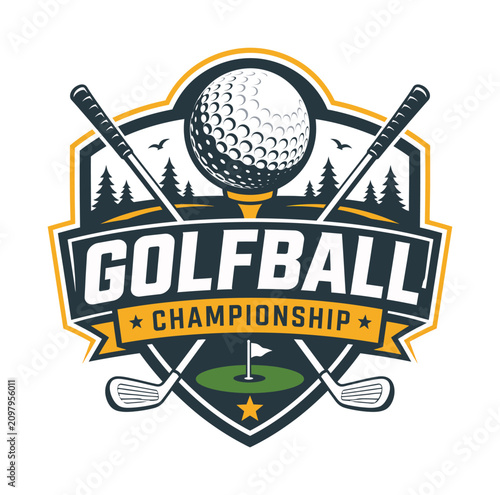 Golf ball championship logo with golf clubs and trees on white background