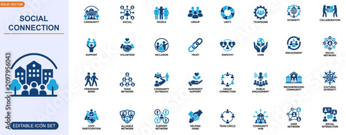 Community and social connection icon set. people, group, unity, teamwork, diversity, collaboration, support, volunteer outreach. Editable icons collection. Vector.