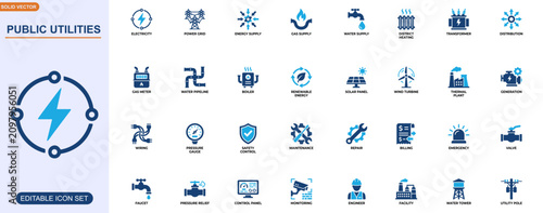 Public utilities icon set. Infrastructure, energy supply, gas meter, power grid, water pipeline, heating boiler, renewable energy, safety control. Editable icons collection. Vector.